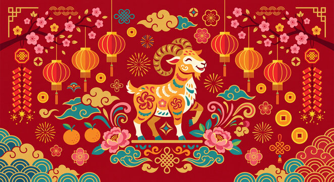 chinese new year card, Chinese New Year, year of the goat. Chinese goat on a red background, with copy space 2027, golden goat