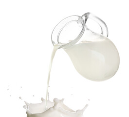 Pouring fresh milk from glass pitcher against transparent background © New Africa