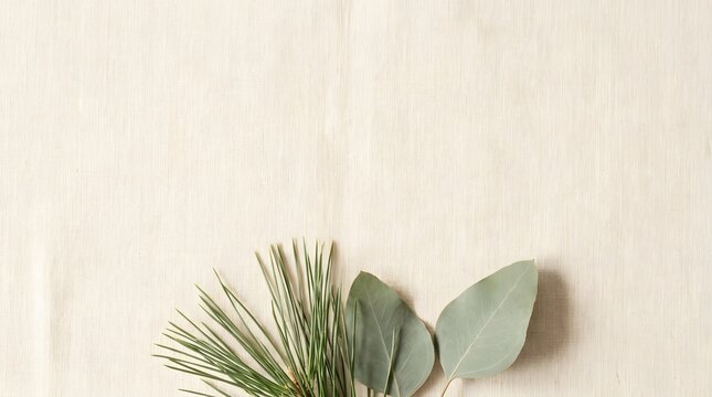 Minimalist composition with pine needles and eucalyptus leaves on a textured light beige background, top view, natural botanical flatlay