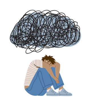 Burnout man mental health stress concept sad person sitting under scribble cloud depression emotional exhaustion isolated white background