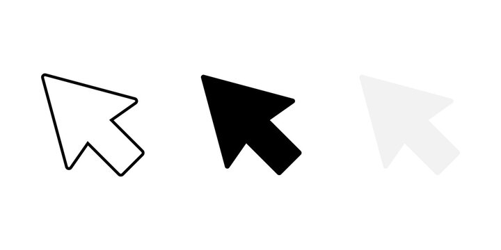 Set of computer mouse cursor arrow icons in black outline solid and light gray styles