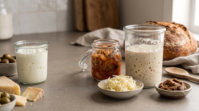 Wholesome probiotic fermented foods collection featuring sourdough starter bread kefir kimchi sauerkraut miso cheese across granite kitchen countertop