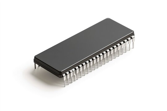 Black rectangular chip with silver pins, isolated against white background.