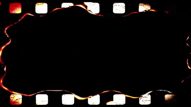 Burned film strip frame overlay with red and yellow glowing wavy edges and sprocket holes on black