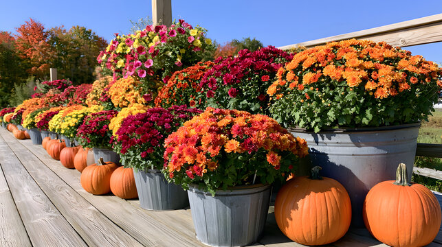 Rows of colorful potted chrysanthemums in autumn hues, adorned with small wooden pumpkins, set against a clear blue sky