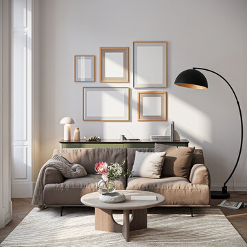 Modern Living Room Poster Frame Mockup with Natural Light and Minimalist Decoration. 3D render