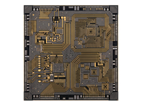 Detailed Macro View of Golden Circuit Board Microchip