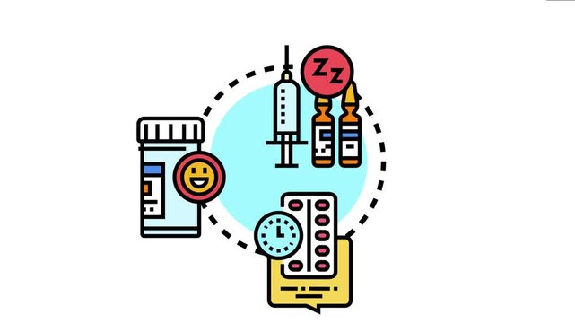 Pharmacy checkout medicines and medical treatment supplies. Including injection syringes. Ampoules for sedation. A drug bottle for well being. And a pill blister pack with dosage timing