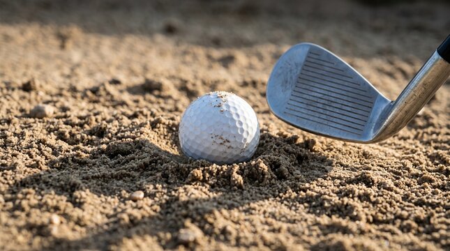 Golf ball and wedge club in a sand bunker on a golf course