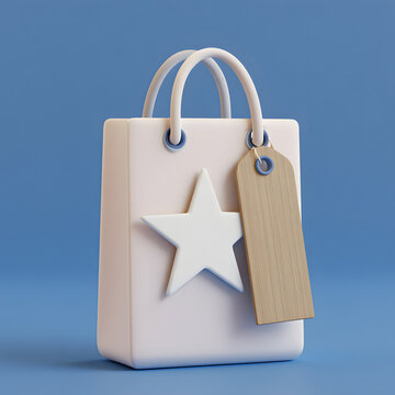 A 3D illustration of a shopping bag featuring a star and a price tag, ideal for e-commerce wishlists, high-rated items, store promotions, and retail marketing.