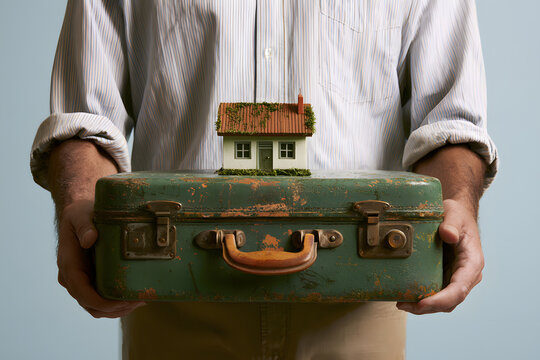 Someone is carrying a suitcase adorned with a miniature dwelling, possibly for travel or an adventurous endeavor