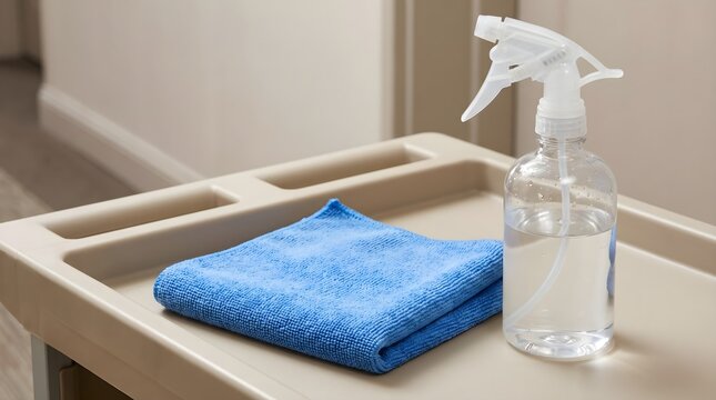 Hotel housekeeping cleaning cloth and unbranded spray bottle on service cart