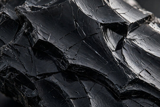 Extreme close-up of fractured black obsidian volcanic glass with sharp conchoidal fracture surfaces