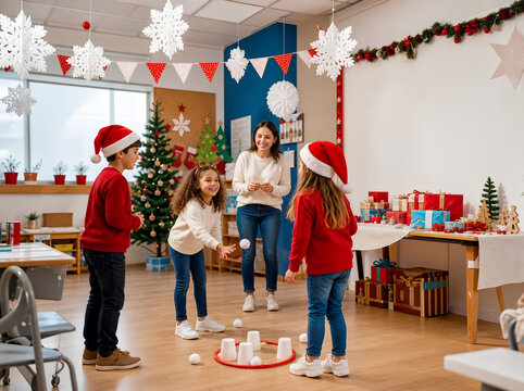 Children Enjoying Christmas Party Games in a Decorated Classroom