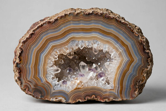 Cut geode agate with colorful concentric banded layers and a cavity of clear quartz and purple amethyst crystals