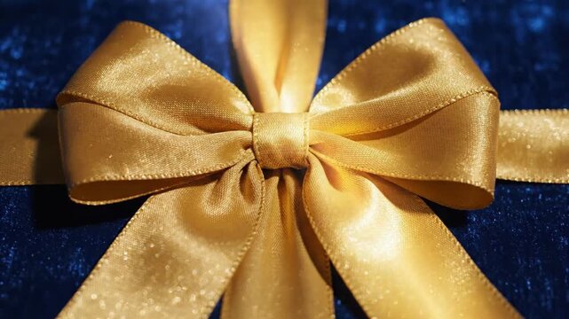 Slow motion tracking close up of golden ribbon bow being adjusted on blue glitter gift box on tabletop studio background