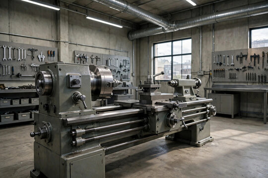 Metal lathe in an empty industrial workshop with hand tools on pegboard walls and large windows