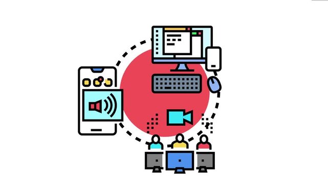 Phone communication a network of people engaged in online meetings and connecting through various digital devices and collaboration platforms