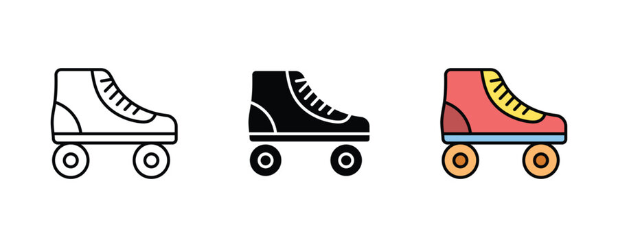 Set of three roller skates icons in different styles, including outline, solid black, and colorful flat design