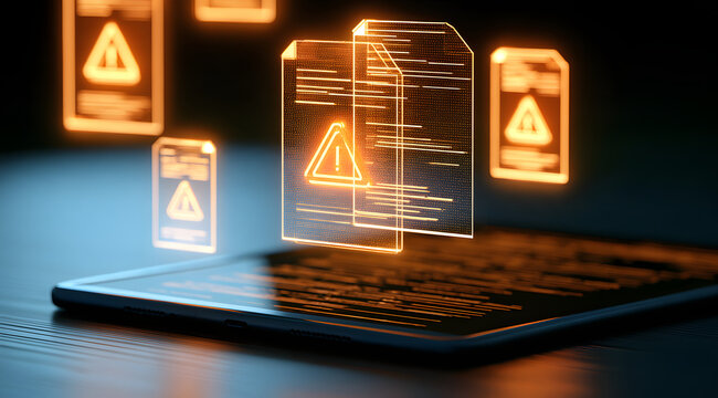 An alert for digital file security includes glowing orange warning signs floating above holographic documents displayed on a tablet screen, focusing on enterprise data risk management and cybersecurit