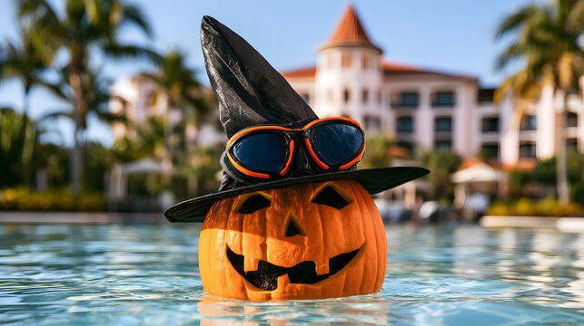 A carved Halloween pumpkin adorned with a witch's hat and goggles drifts in a pool set against a sky of hotel rooftops and palm trees on a sunny day