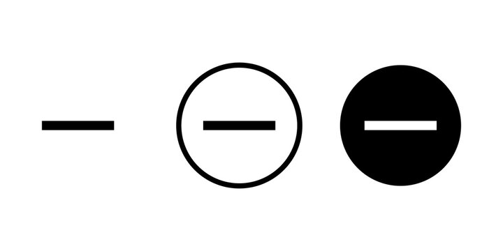 Set of three black minus sign icons and circle buttons for web and mobile user interface design