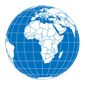 Earth globe with World map land and oceans focused on Africa. Blue theme. Thick meridians and parallels as latitude and longitude grid and country borders. Vector illustration