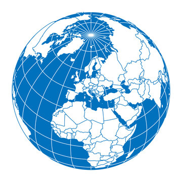Earth globe with World map land and oceans focused on Europe. Blue theme. Thick meridians and parallels as latitude and longitude grid and country borders. Vector illustration