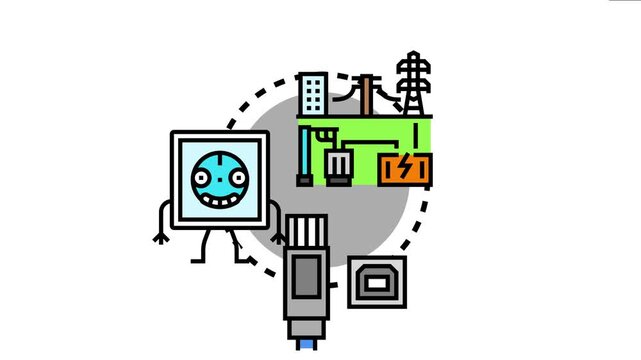 Various connectors and an electrical outlet, depicted with cartoon features, are establishing power and data physical network connection types for modern infrastructure