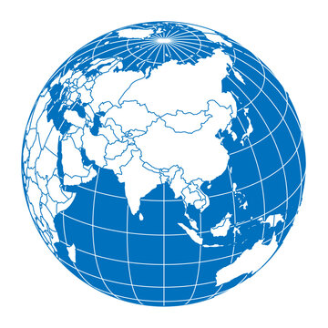 Earth globe with World map land and oceans focused on Asia. Blue theme. Thick meridians and parallels as latitude and longitude grid and country borders. Vector illustration