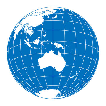 Earth globe with World map land and oceans focused on Australia. Thick meridians and parallels as latitude and longitude grid and country borders. Vector illustration
