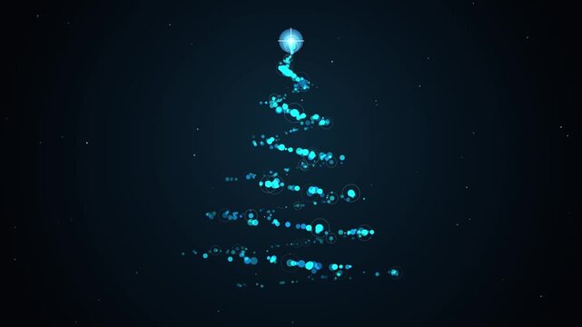 Abstract glowing digital Christmas tree shape formed by blue particle lights against dark background