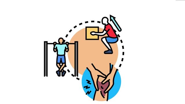 Vector showing a person performing squatting and pull up exercises for developing body fitness and muscular power, alongside potential knee pain or trauma during physical exertion