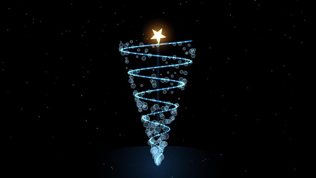 A glowing stylized Christmas tree made of blue spirals and bubbles with a yellow star on top