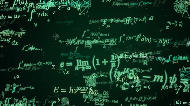 Mathematical equations and physics formulas float across a glowing dark green field
