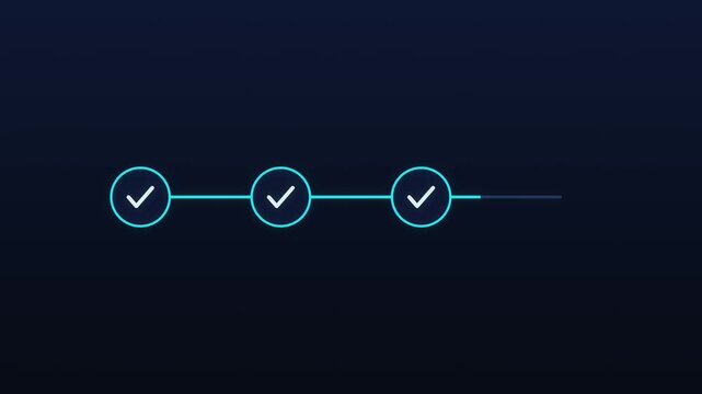 Animated four step business process flow with glowing neon checkpoints and progress line on dark background, seamless 4K loop