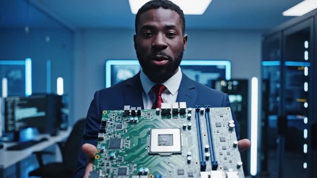 Tracking shot of man presenting and pointing at computer motherboard inside data center server room lab