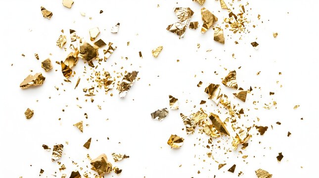 Golden fragments scattered on a white background, creating a luxurious and elegant atmosphere