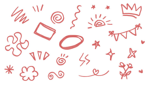 Set of hand drawn red doodle line art elements including stars crown hearts scribbles and decorative symbols isolated on a transparent background