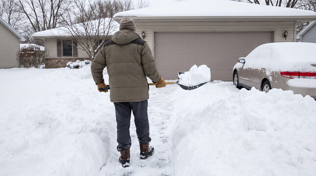 Man shoveling snow from driveway in residential neighborhood  