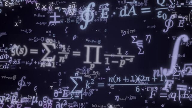 Physics equations float and shift across a dark abstract scientific background