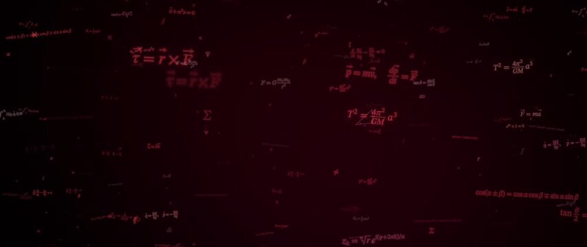 Red physics equations and symbols drift across a dark abstract field in layered motion