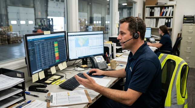 Freight Agent on Phone Viewing Flight Schedule on Monitor, Air Cargo Customer Service