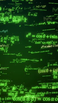 Glowing mathematical equations drift across a dark green field of physics formulas