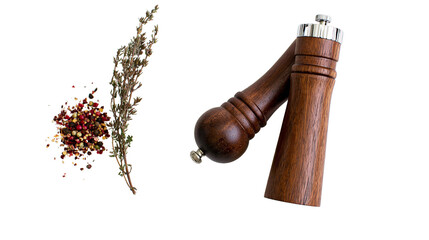 Isolated wooden pepper mill with fresh thyme and colorful mixed peppercorns for seasoning. © Conor