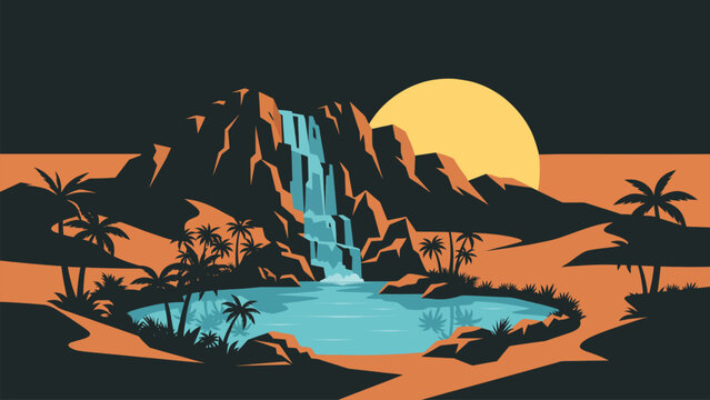 Beautiful tropical oasis featuring rock waterfall cascading into blue lake surrounded by silhouetted palm trees under huge sunset sun. Flat vector illustration for resort travel and summer banner.