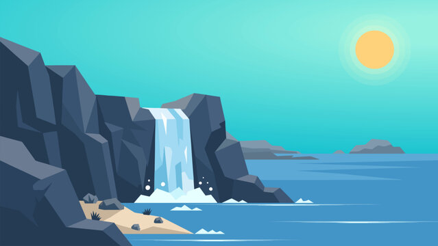 Dramatic waterfall rushing off rocky coastal cliffs into calm sea water under bright sun. Flat vector illustration for coastal tourism, island vacation, nature background, and travel poster.