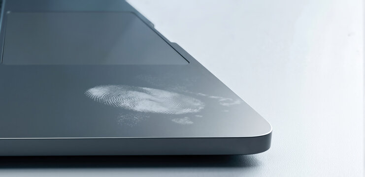 Close-up of a white fingerprint on a graphite laptop surface revealed by forensic dusting powder. Evidence of a security breach or cybercrime in a modern office. Biometric identification concept