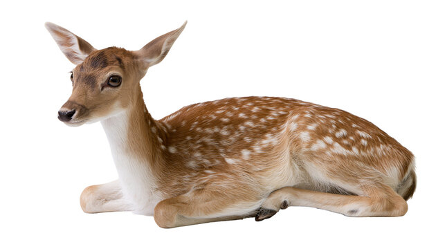 Isolated cute baby fallow deer fawn lying down peacefully, brown fur with white spots