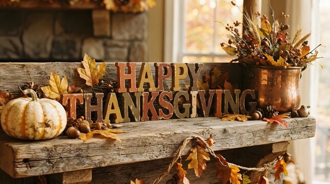 Rustic wooden mantle decorated with happy thanksgiving lettering and fall pumpkins.